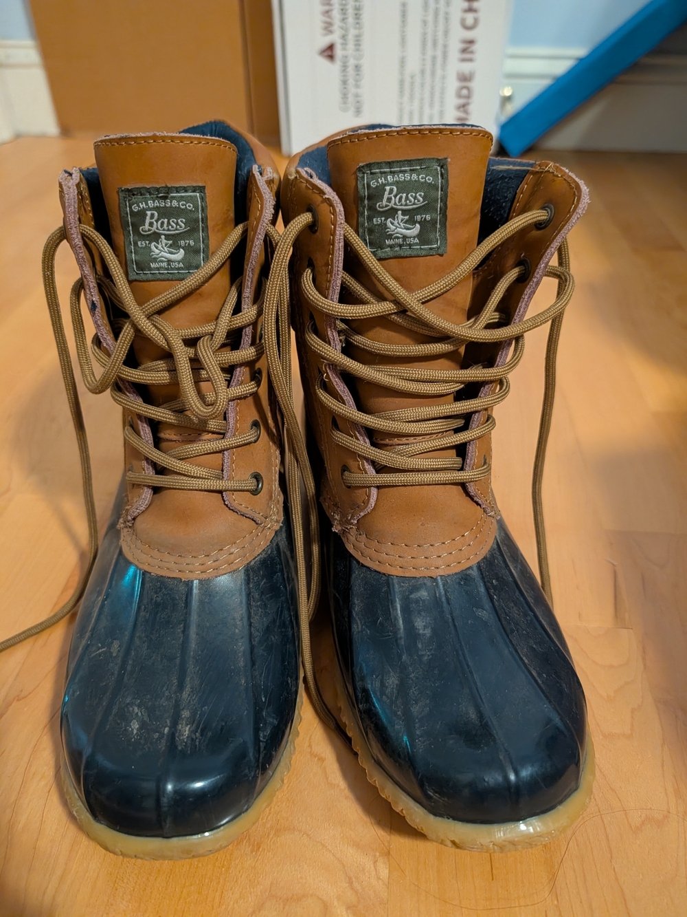 Bass Brown and Navy Duck Boots — Lace-Up Winter Rain Boots